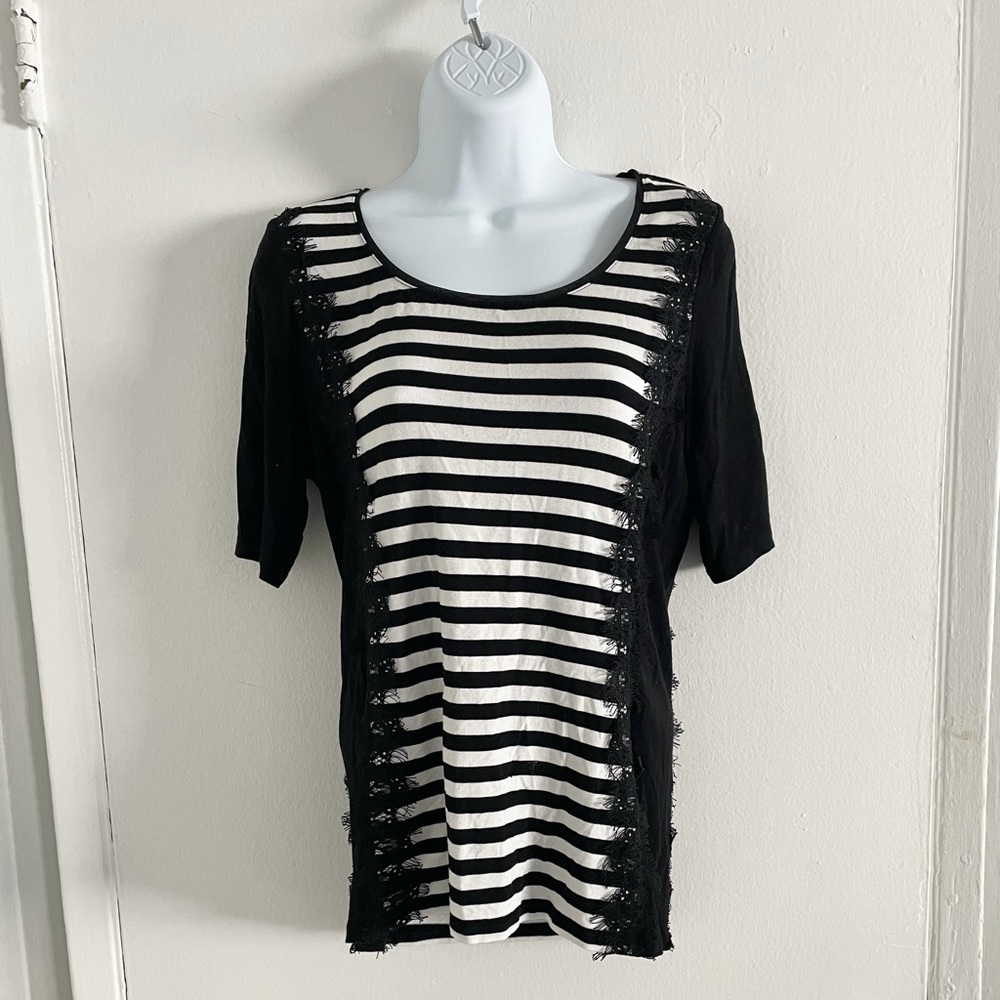 White House Black Market Striped Lace Accented Top